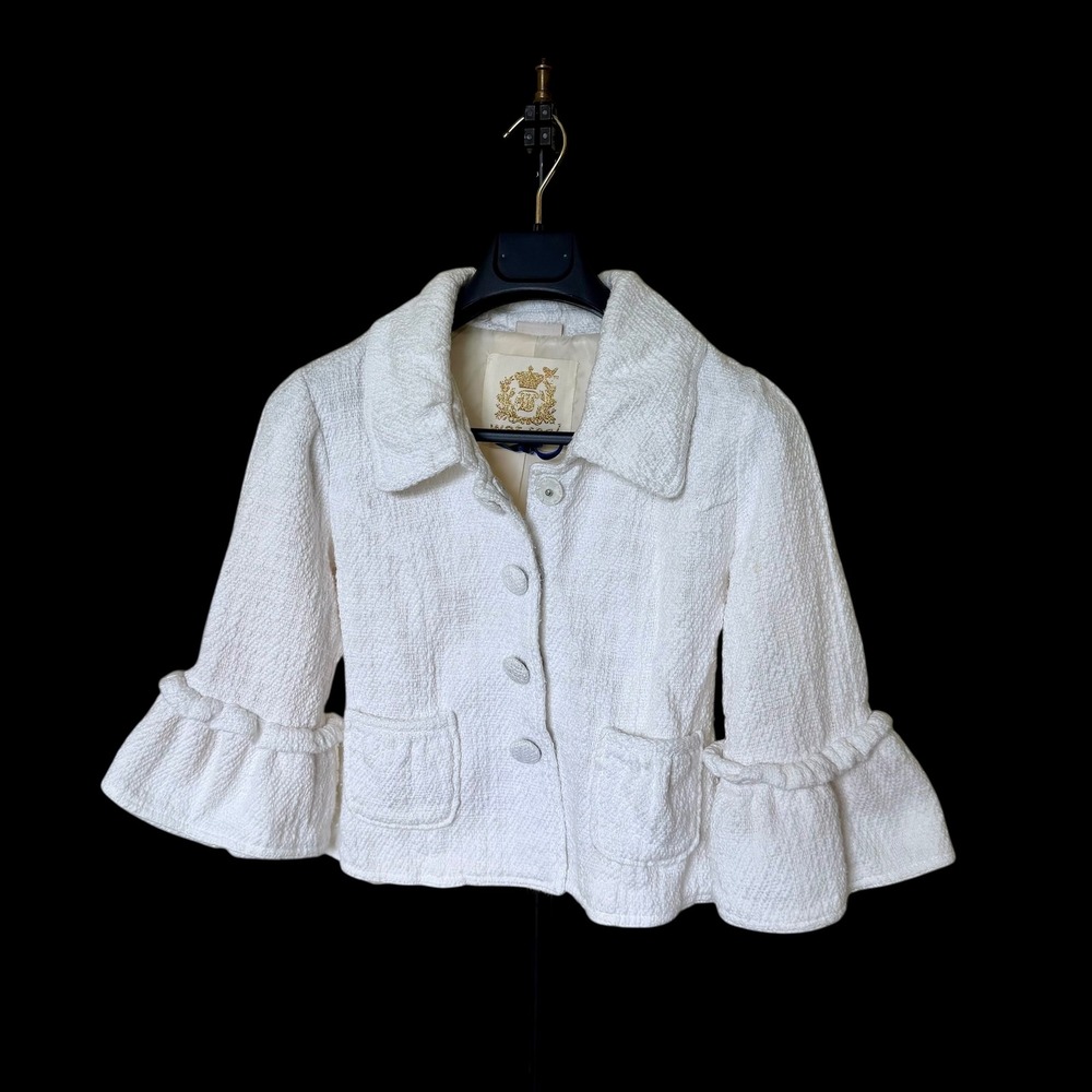 Wet Seal Y2K White Tweed Ruffle‎ Sleeve Cropped Jacket Shimmer Vintage Small